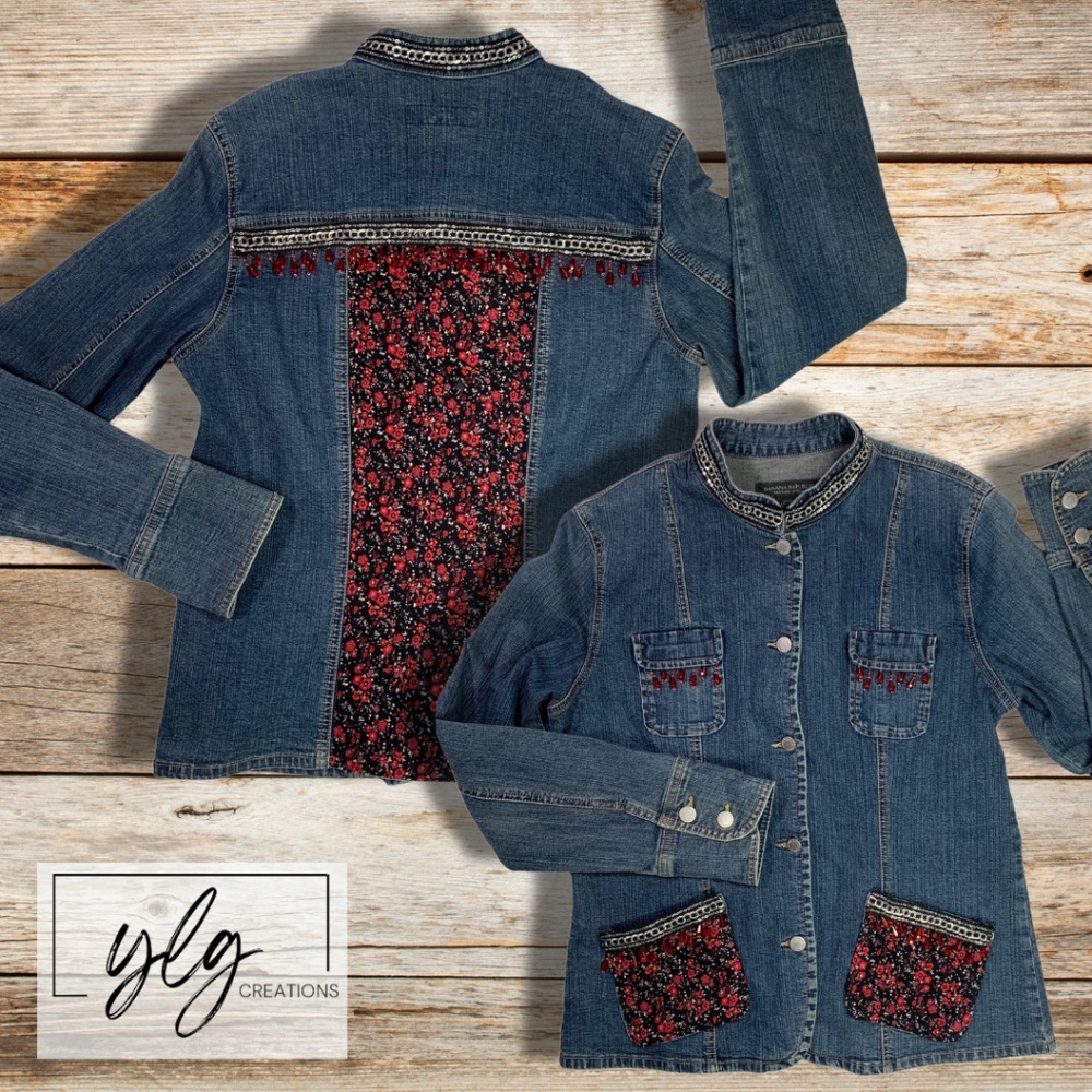 Denim Jacket Floral Embellished Beaded Chain Boho Rockstar Artsy Goth Chic